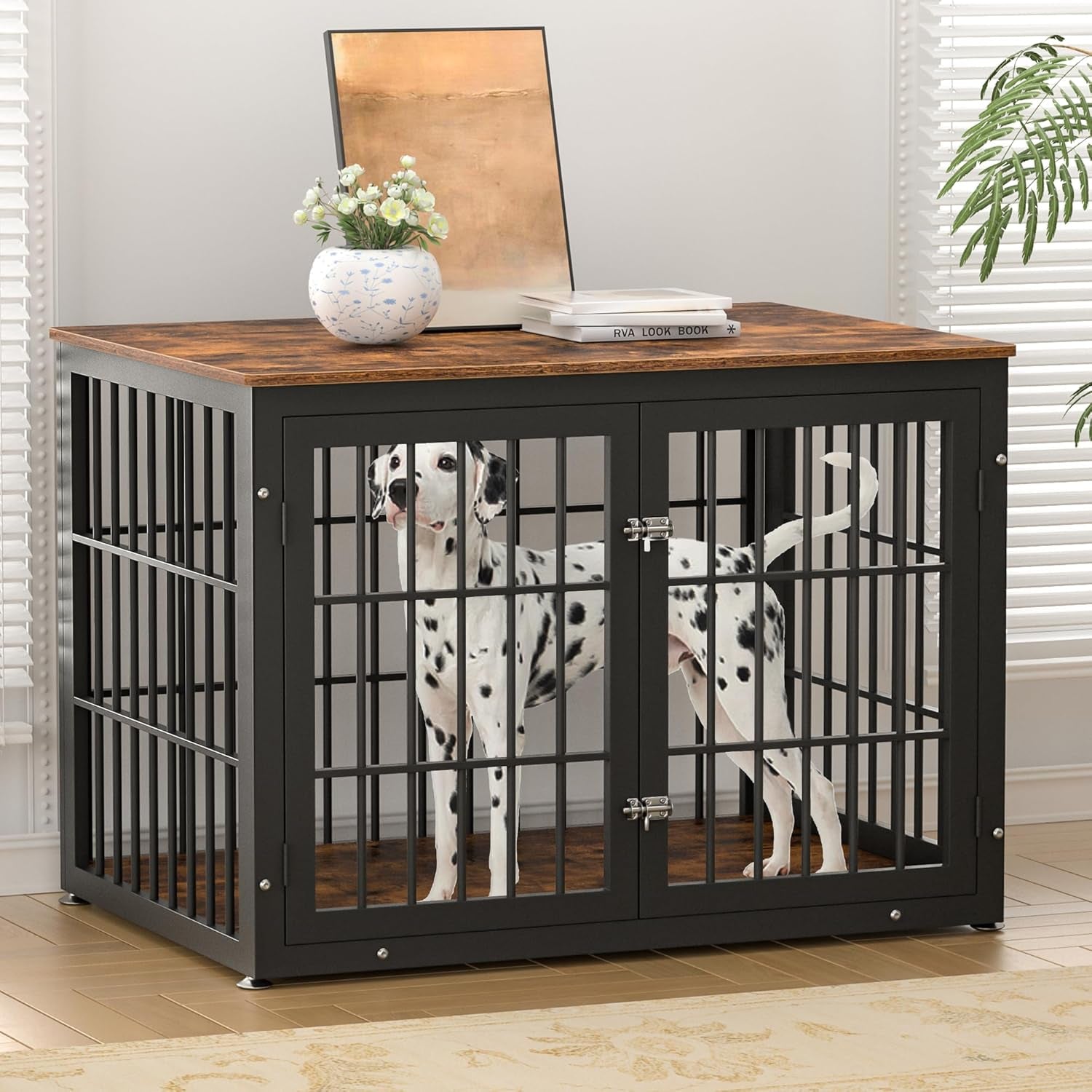 Rustic Dog Crate Furniture – Heavy Duty Wooden Kennel & End Table for Large/Medium Dogs (42" Brown) - Paw Fit Gears