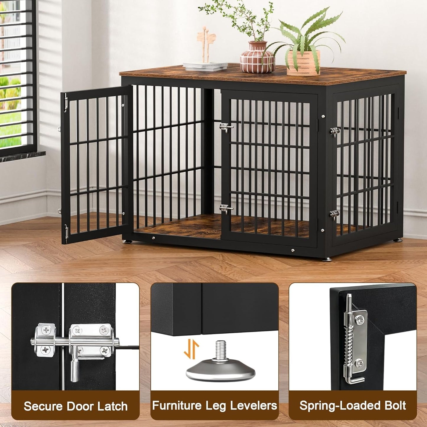 Rustic Dog Crate Furniture – Heavy Duty Wooden Kennel & End Table for Large/Medium Dogs (42" Brown) - Paw Fit Gears